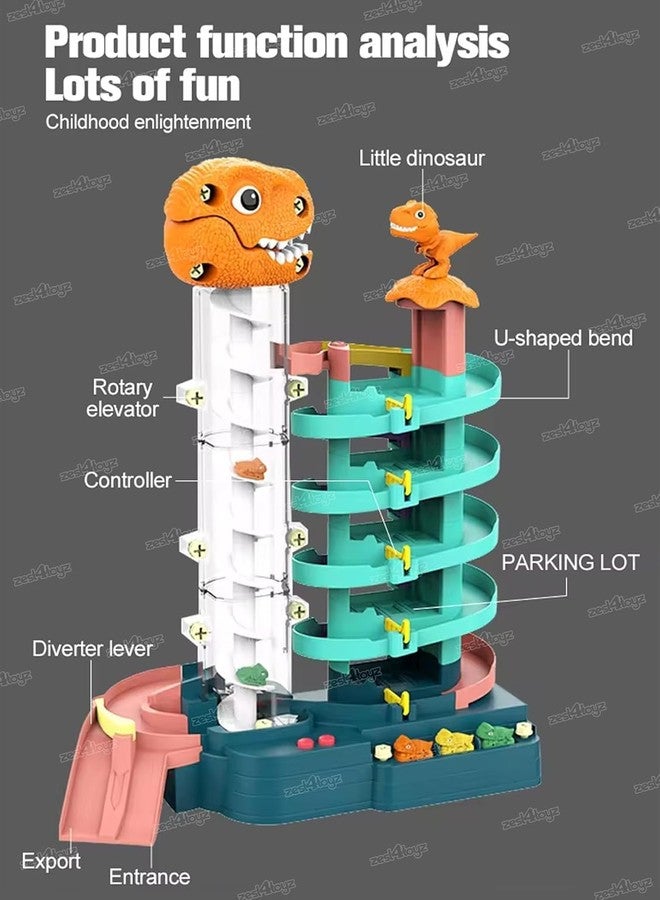 Onecado 7 Storey Track Parking Tower Cars Garage Playset Moving T-Rex Dinosaur with 7 Dino Cars for 3+ Ages - Image 4